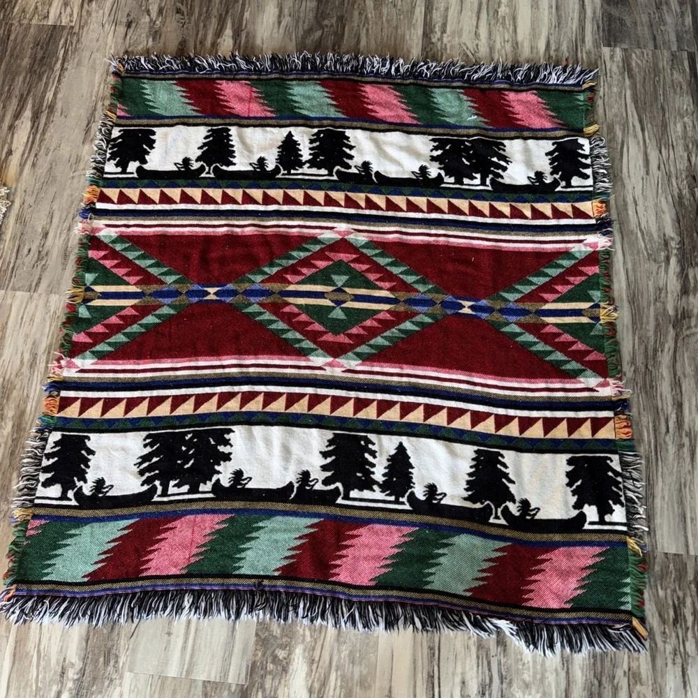 Vintage Art Native American Indian Canoe Tapestry Blanket Navajo Southwest 52X48